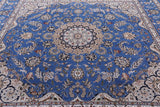 Blue Square Persian Nain Hand Knotted Wool & Silk Rug - 8' 10" X 8' 11" - Golden Nile