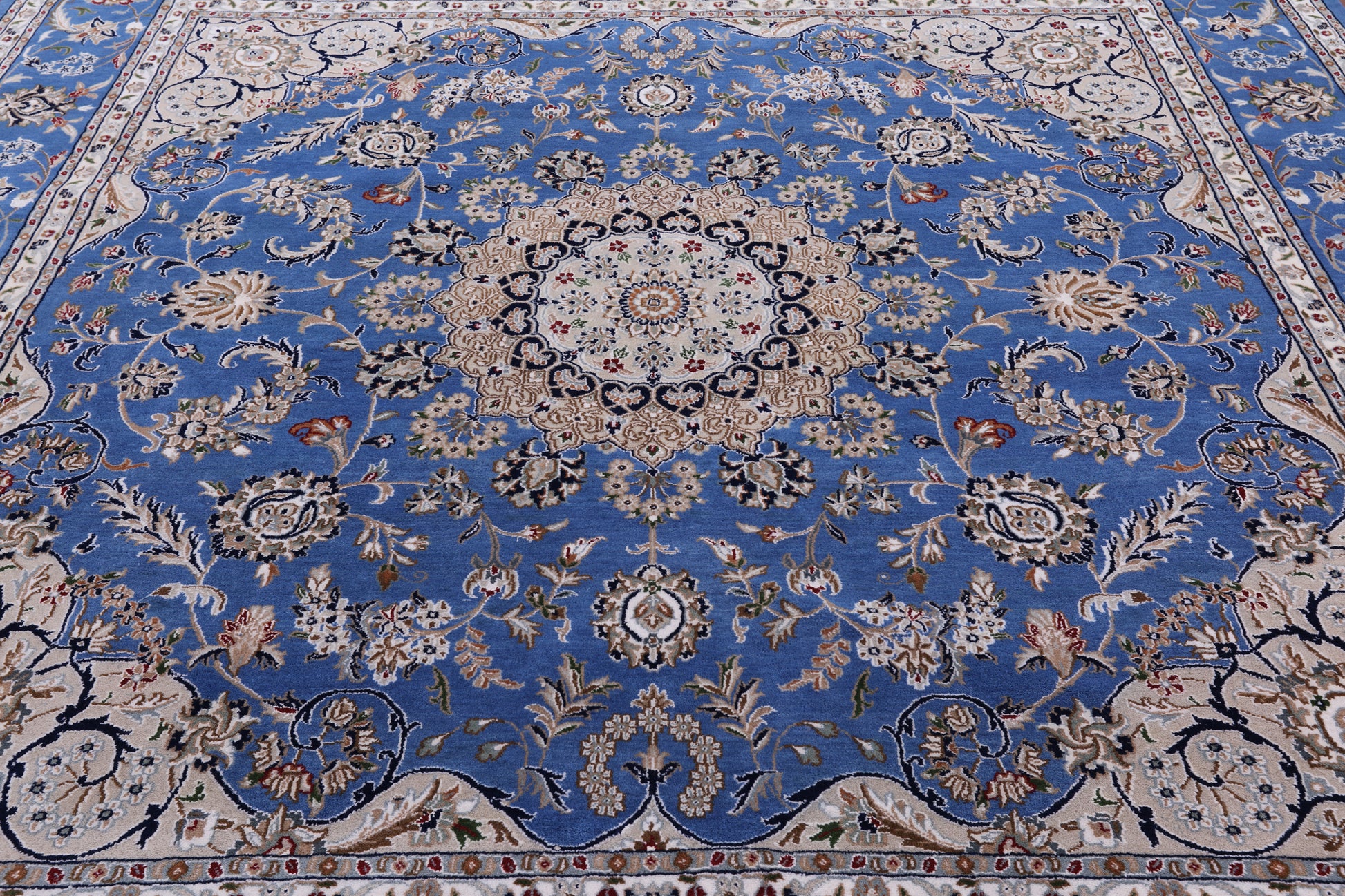 Blue Square Persian Nain Hand Knotted Wool & Silk Rug - 8' 10" X 8' 11" - Golden Nile