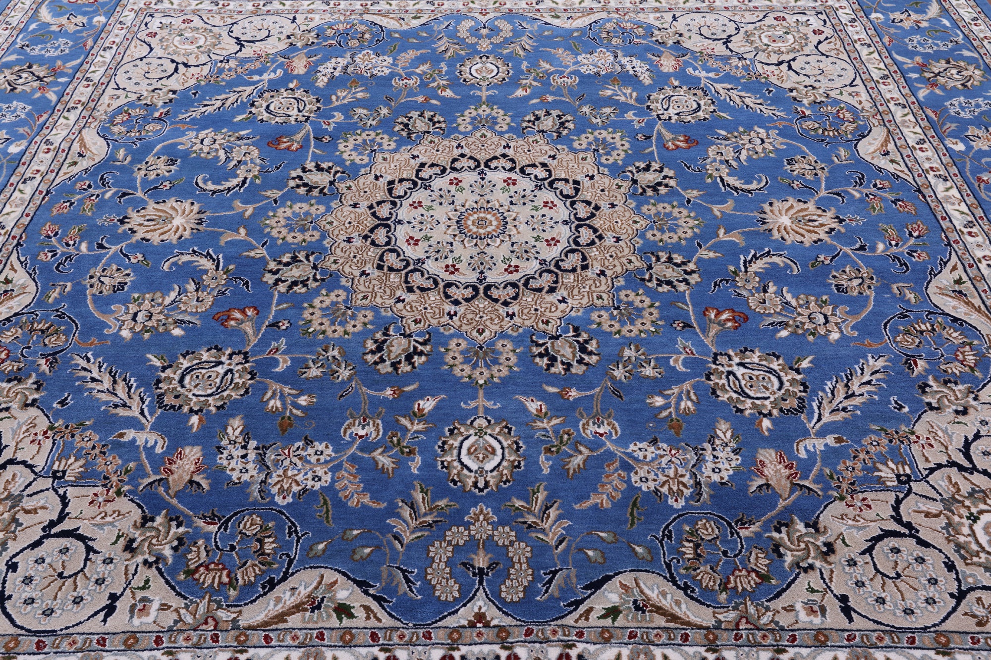 Blue Square Persian Nain Hand Knotted Wool & Silk Rug - 8' 10" X 8' 11" - Golden Nile