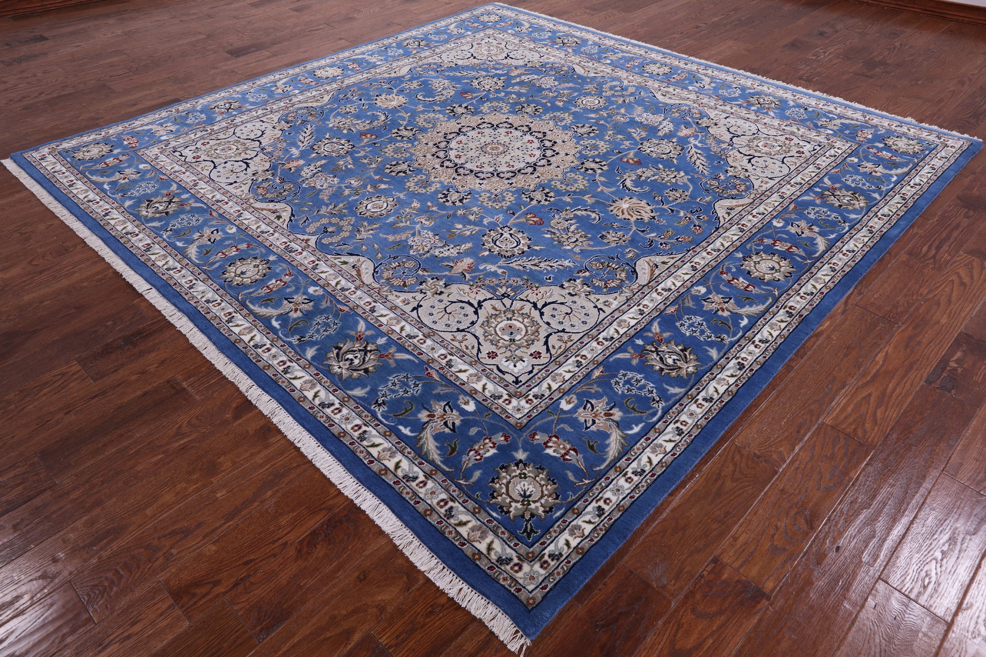 Blue Square Persian Nain Hand Knotted Wool & Silk Rug - 8' 10" X 8' 11" - Golden Nile