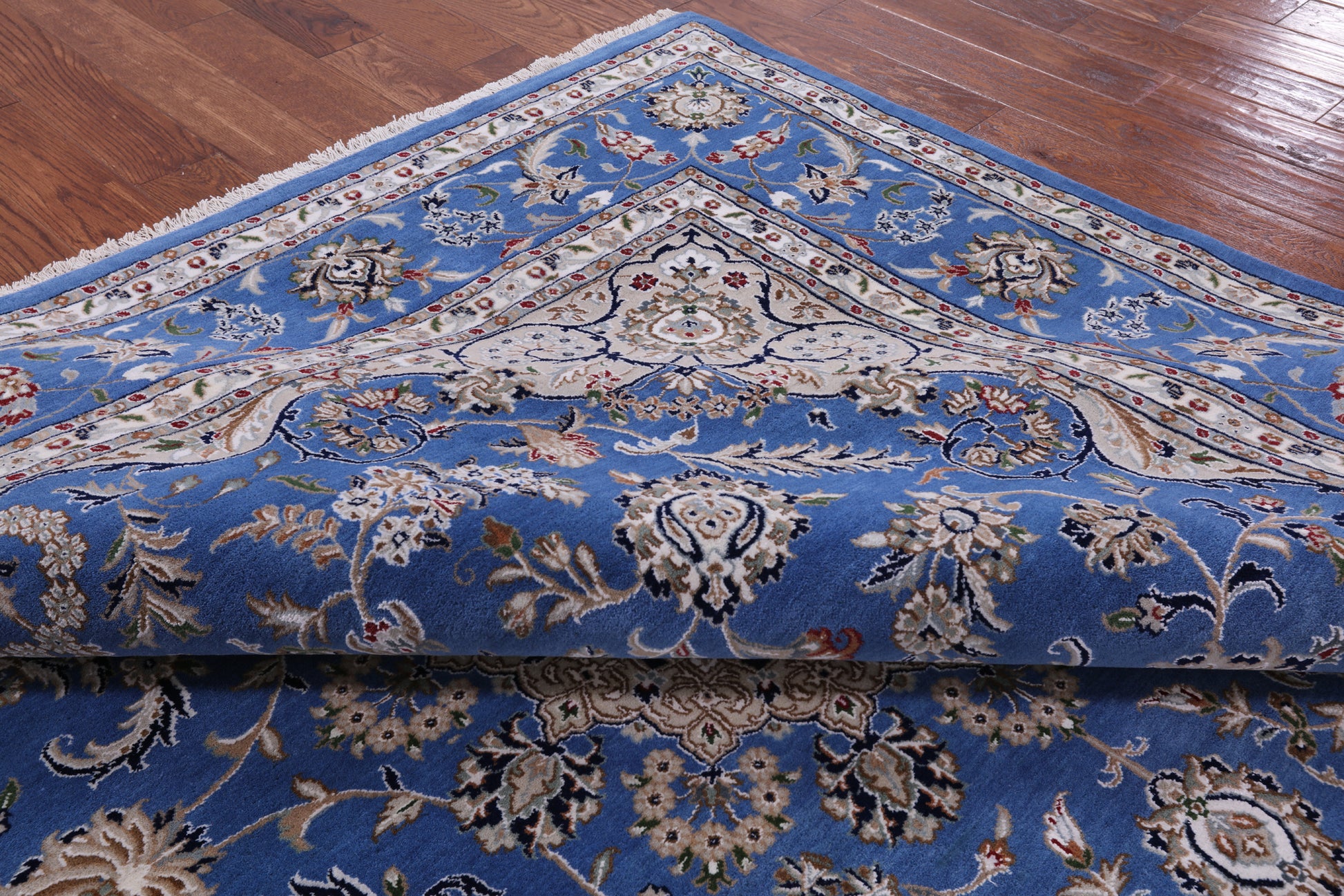 Blue Square Persian Nain Hand Knotted Wool & Silk Rug - 8' 10" X 8' 11" - Golden Nile