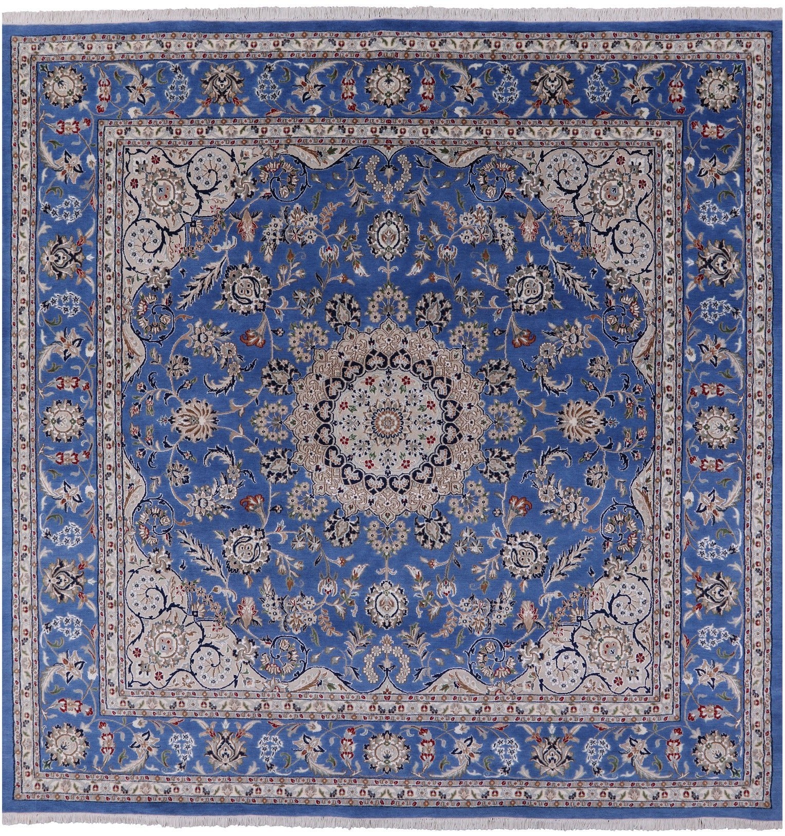Blue Square Persian Nain Hand Knotted Wool & Silk Rug - 8' 10" X 9' 0" - Golden Nile