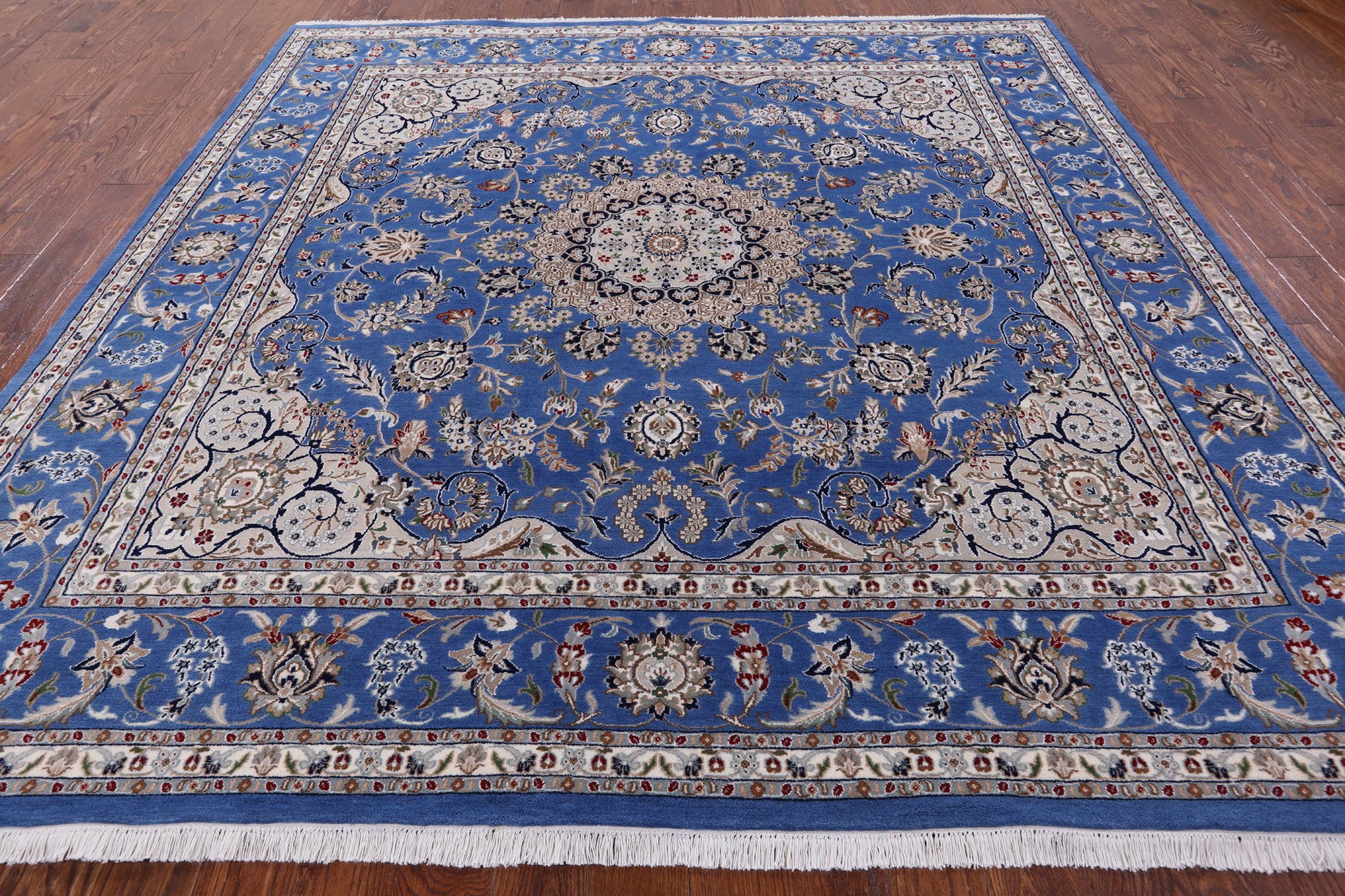 Blue Square Persian Nain Hand Knotted Wool & Silk Rug - 8' 10" X 9' 0" - Golden Nile