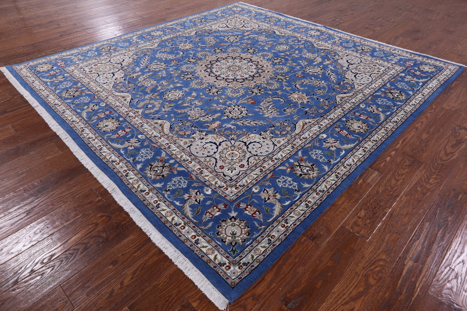 Blue Square Persian Nain Hand Knotted Wool & Silk Rug - 8' 10" X 9' 0" - Golden Nile