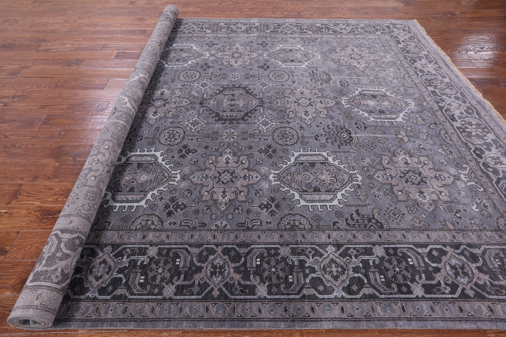 Grey Persian Fine Serapi Hand Knotted Wool Rug - 8' 3" X 9' 10" - Golden Nile