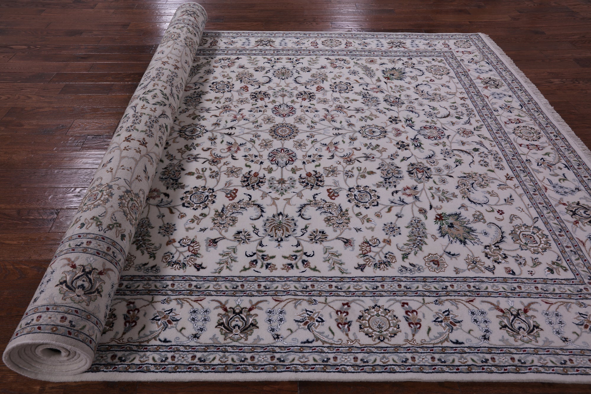 Ivory Persian Nain Hand Knotted Wool & Silk Rug - 8' 0" X 16' 1" - Golden Nile