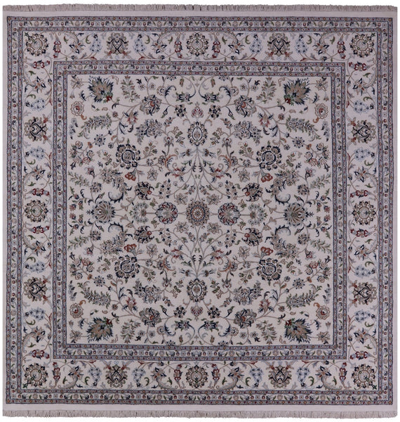 Ivory Square Persian Nain Hand Knotted Wool & Silk Rug - 8' 11" X 9' 0" - Golden Nile