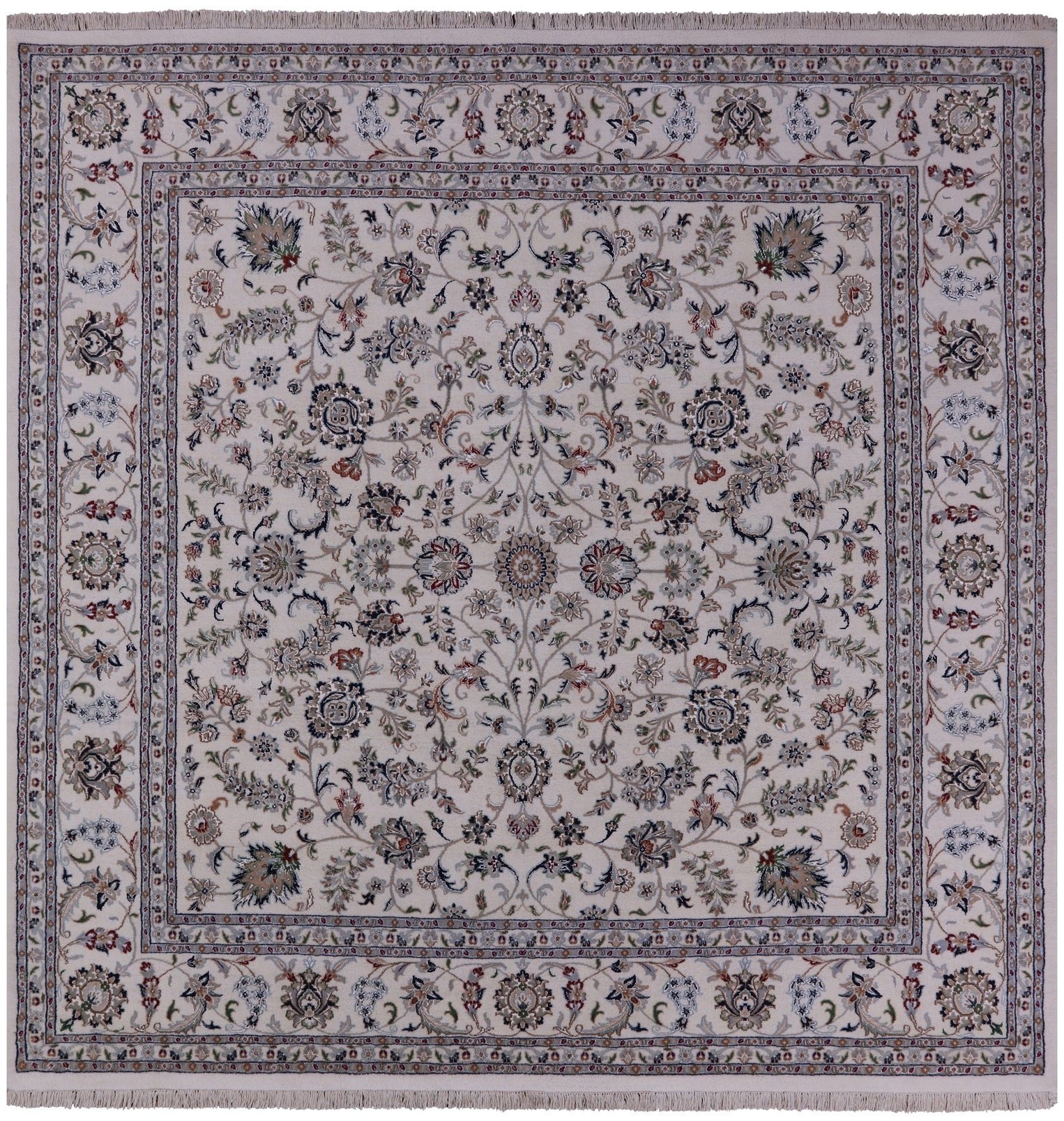 Ivory Square Persian Nain Hand Knotted Wool & Silk Rug - 8' 11" X 9' 0" - Golden Nile