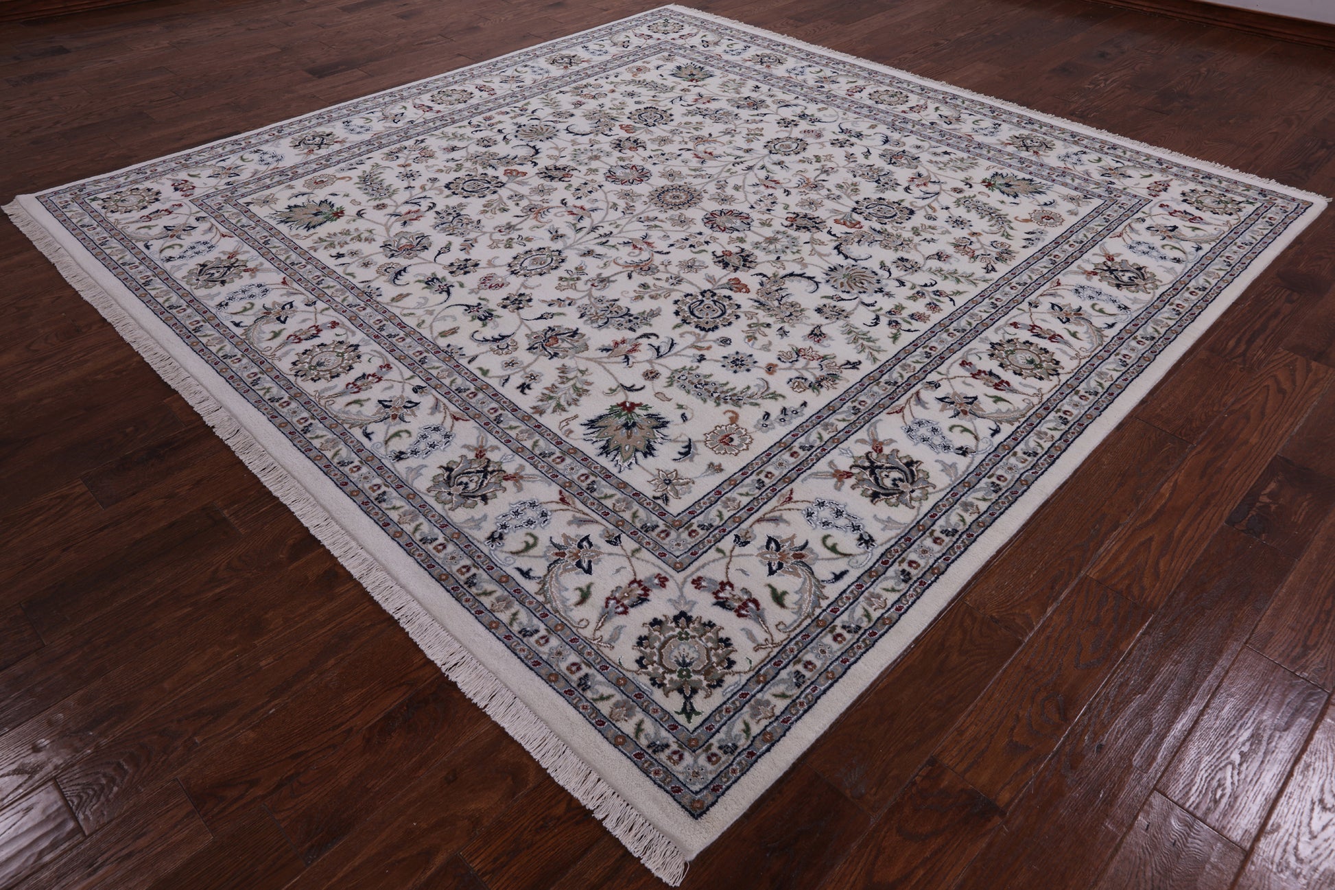Ivory Square Persian Nain Hand Knotted Wool & Silk Rug - 8' 11" X 9' 0" - Golden Nile