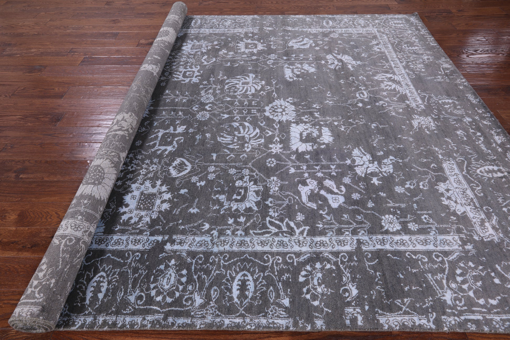 Grey Modern Hand Knotted Wool & Silk Rug - 8' 1" X 10' 0" - Golden Nile