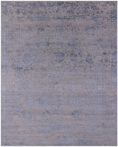 Grey Modern Hand Knotted Wool & Silk Rug - 8' 1