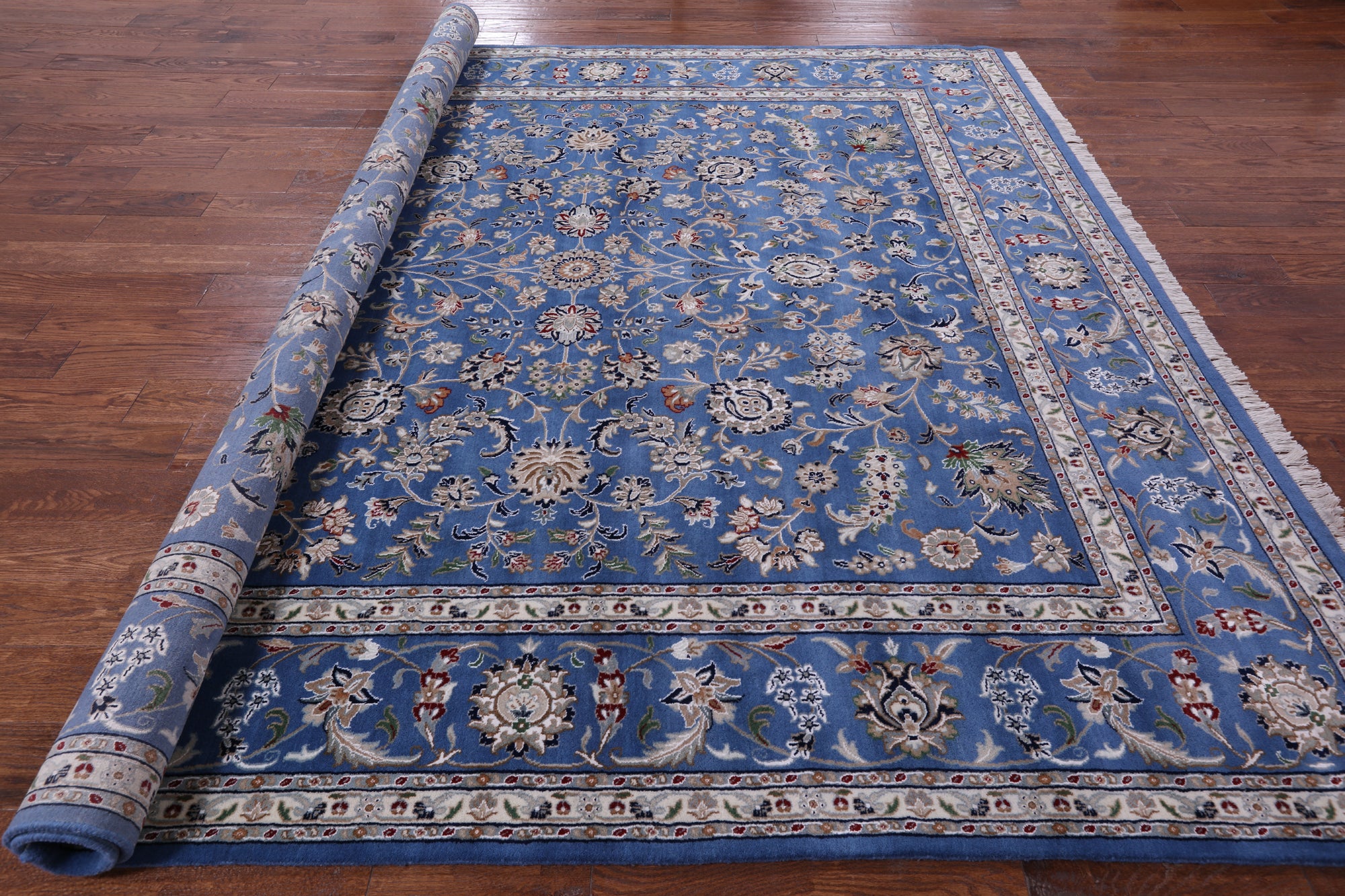 Blue Square Persian Nain Hand Knotted Wool & Silk Rug - 9' 0" X 9' 0" - Golden Nile