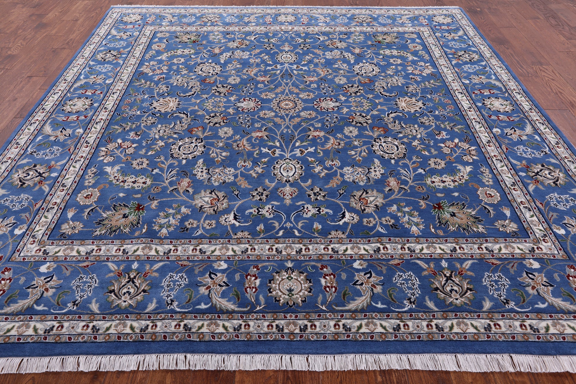 Blue Square Persian Nain Hand Knotted Wool & Silk Rug - 9' 0" X 9' 0" - Golden Nile