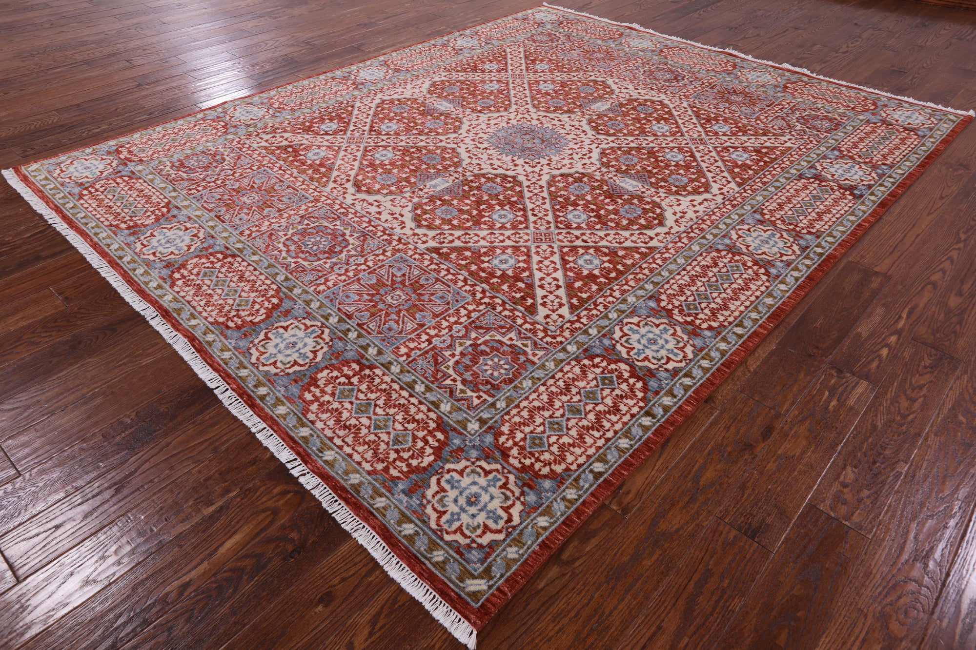 Red Geometric Persian Mamluk Hand Knotted Wool Rug - 8' 0" X 10' 0" - Golden Nile