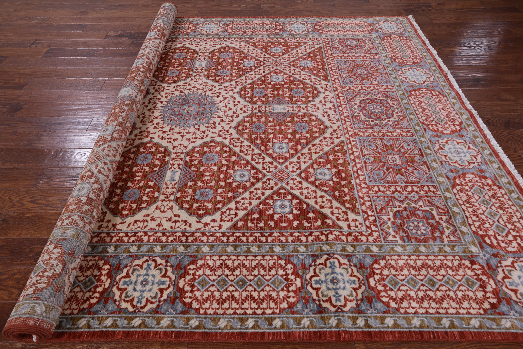 Red Geometric Persian Mamluk Hand Knotted Wool Rug - 8' 0" X 10' 0" - Golden Nile