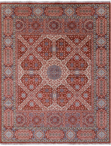 Red Geometric Persian Mamluk Hand Knotted Wool Rug - 8' 0" X 10' 0" - Golden Nile