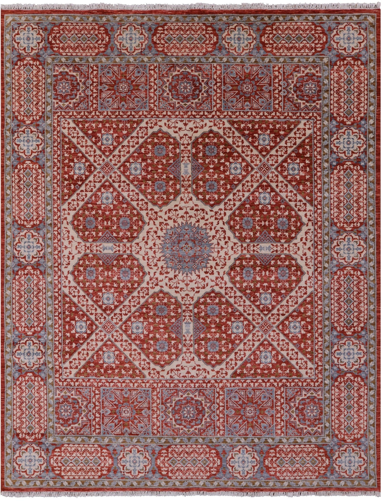 Red Geometric Persian Mamluk Hand Knotted Wool Rug - 8' 0" X 10' 0" - Golden Nile