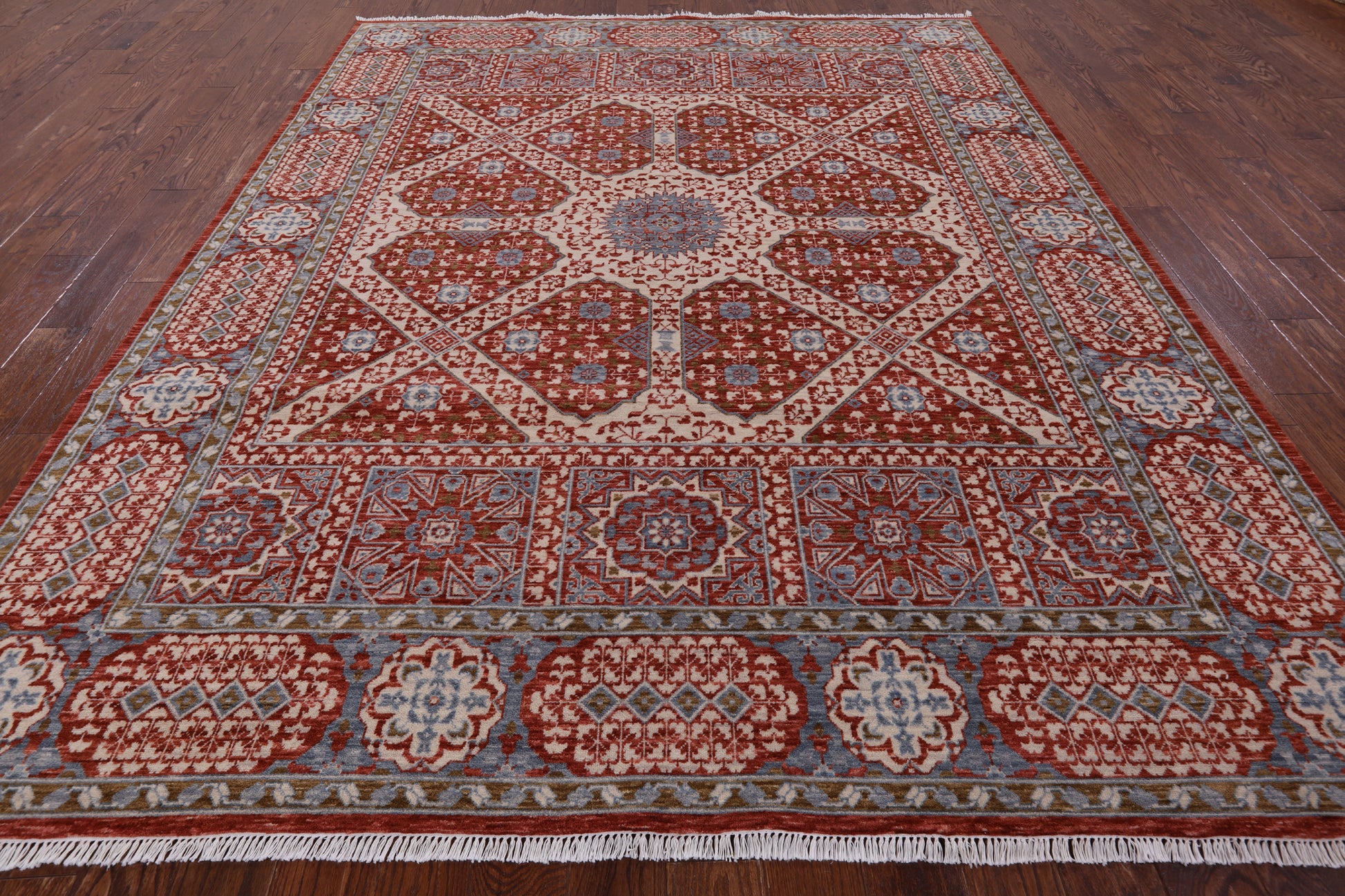 Red Geometric Persian Mamluk Hand Knotted Wool Rug - 8' 0" X 10' 0" - Golden Nile