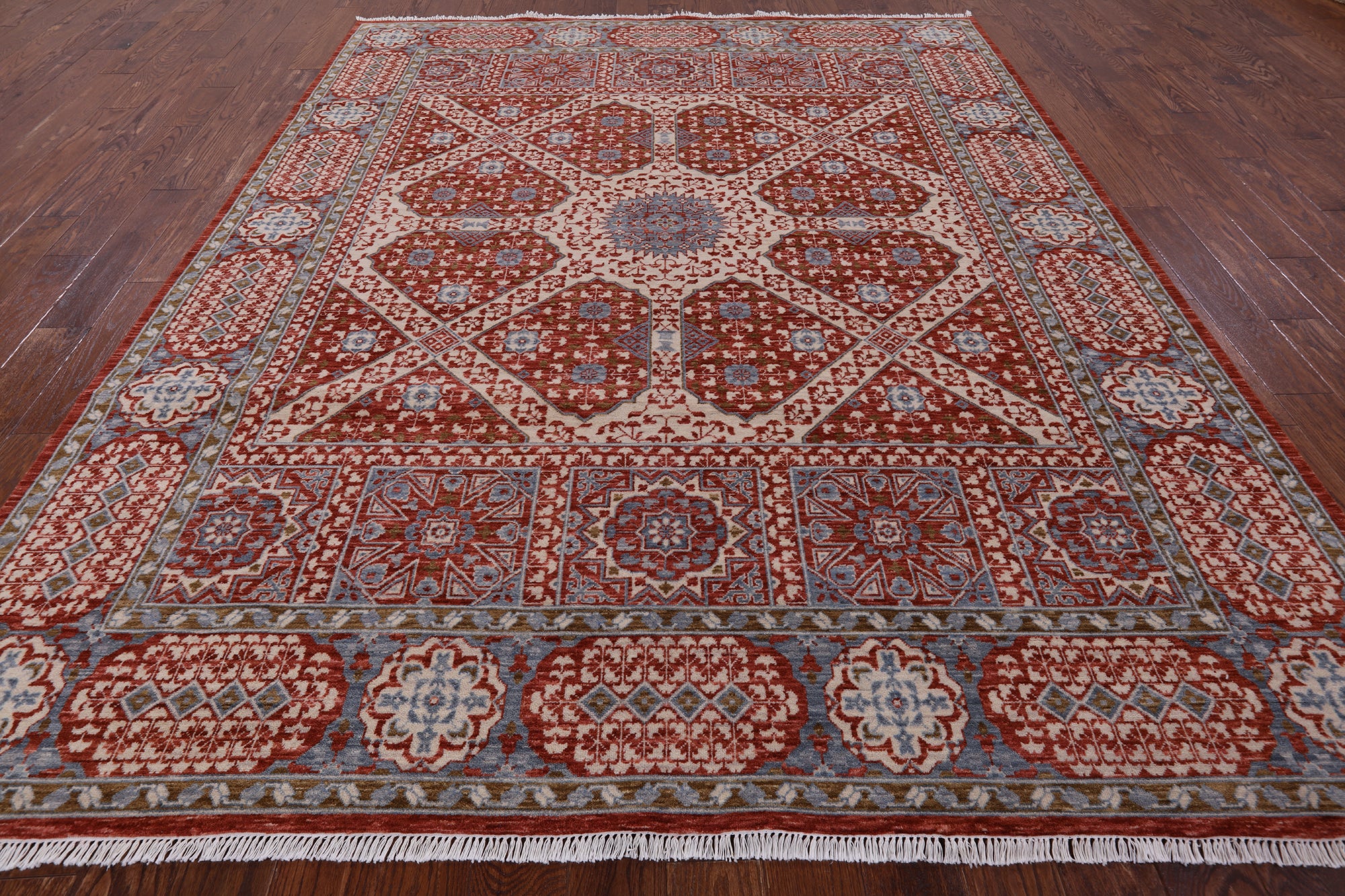 Red Geometric Persian Mamluk Hand Knotted Wool Rug - 8' 0" X 10' 0" - Golden Nile