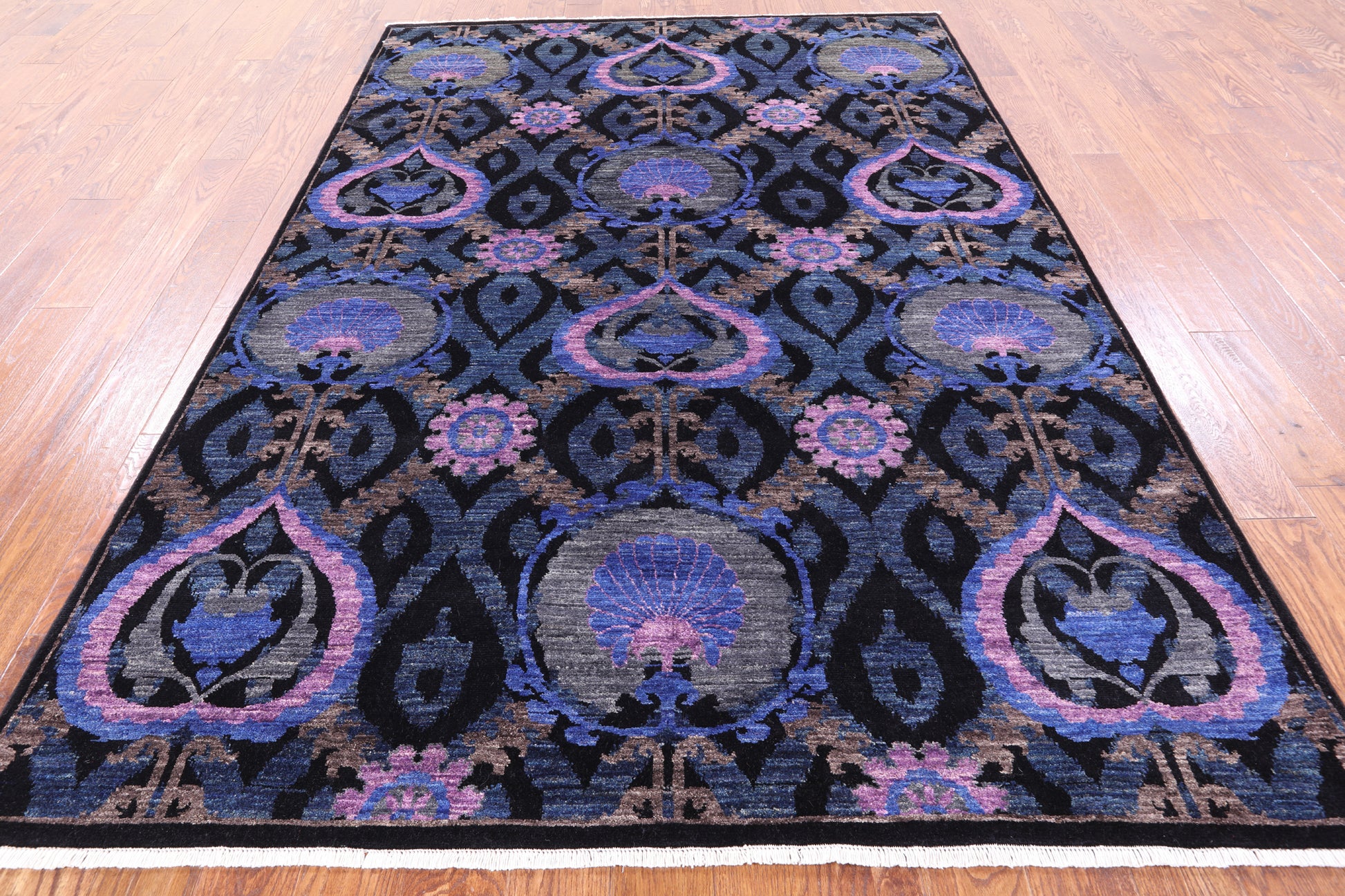 Black William Morris Handmade Wool Rug - 6' 3" X 9' 0" - Golden Nile