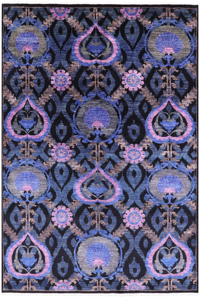 Black William Morris Handmade Wool Rug - 6' 3" X 9' 0" - Golden Nile