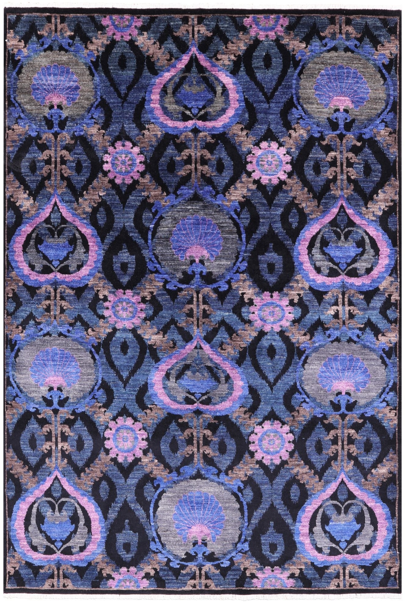 Black William Morris Handmade Wool Rug - 6' 3" X 9' 0" - Golden Nile