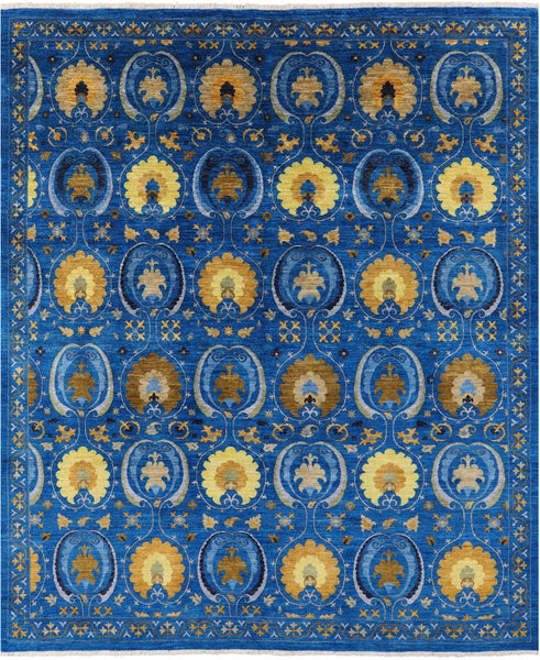 Blue William Morris Handmade Wool Rug - 8' 3" X 9' 9" - Golden Nile