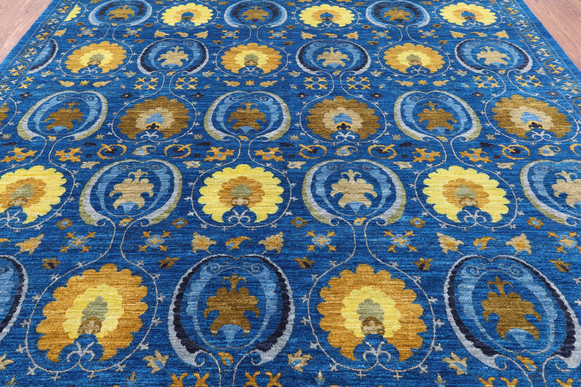 Blue William Morris Handmade Wool Rug - 8' 3" X 9' 9" - Golden Nile