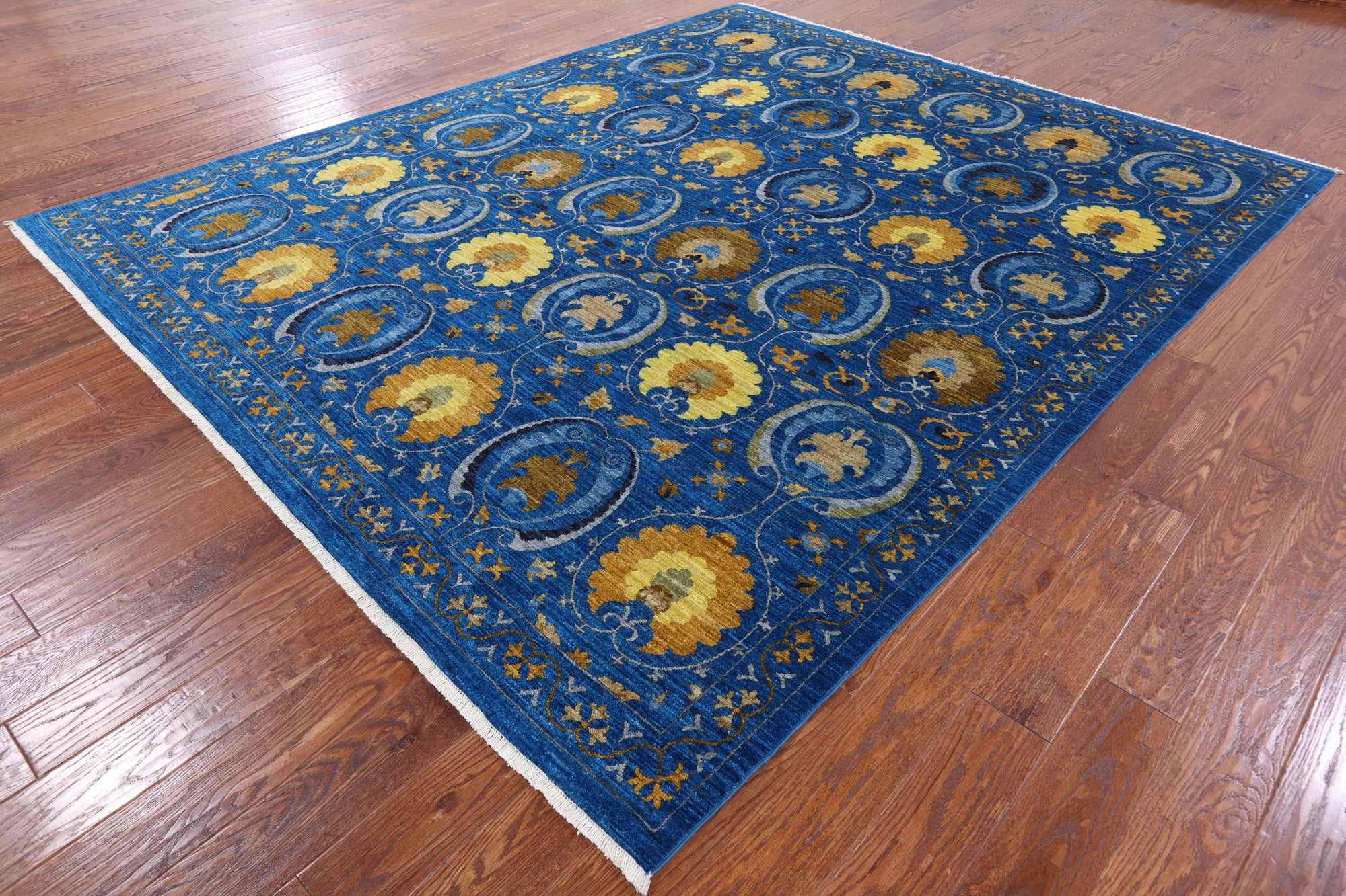 Blue William Morris Handmade Wool Rug - 8' 3" X 9' 9" - Golden Nile