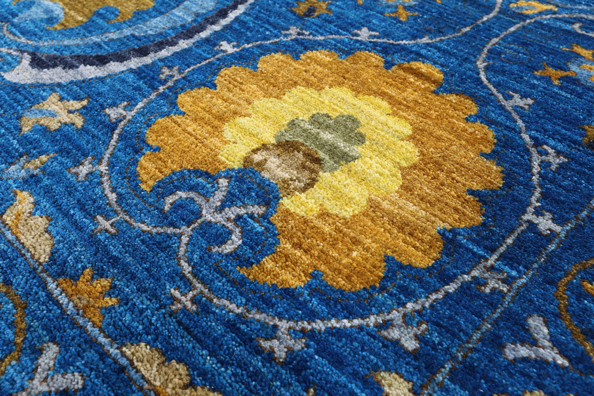 Blue William Morris Handmade Wool Rug - 8' 3" X 9' 9" - Golden Nile