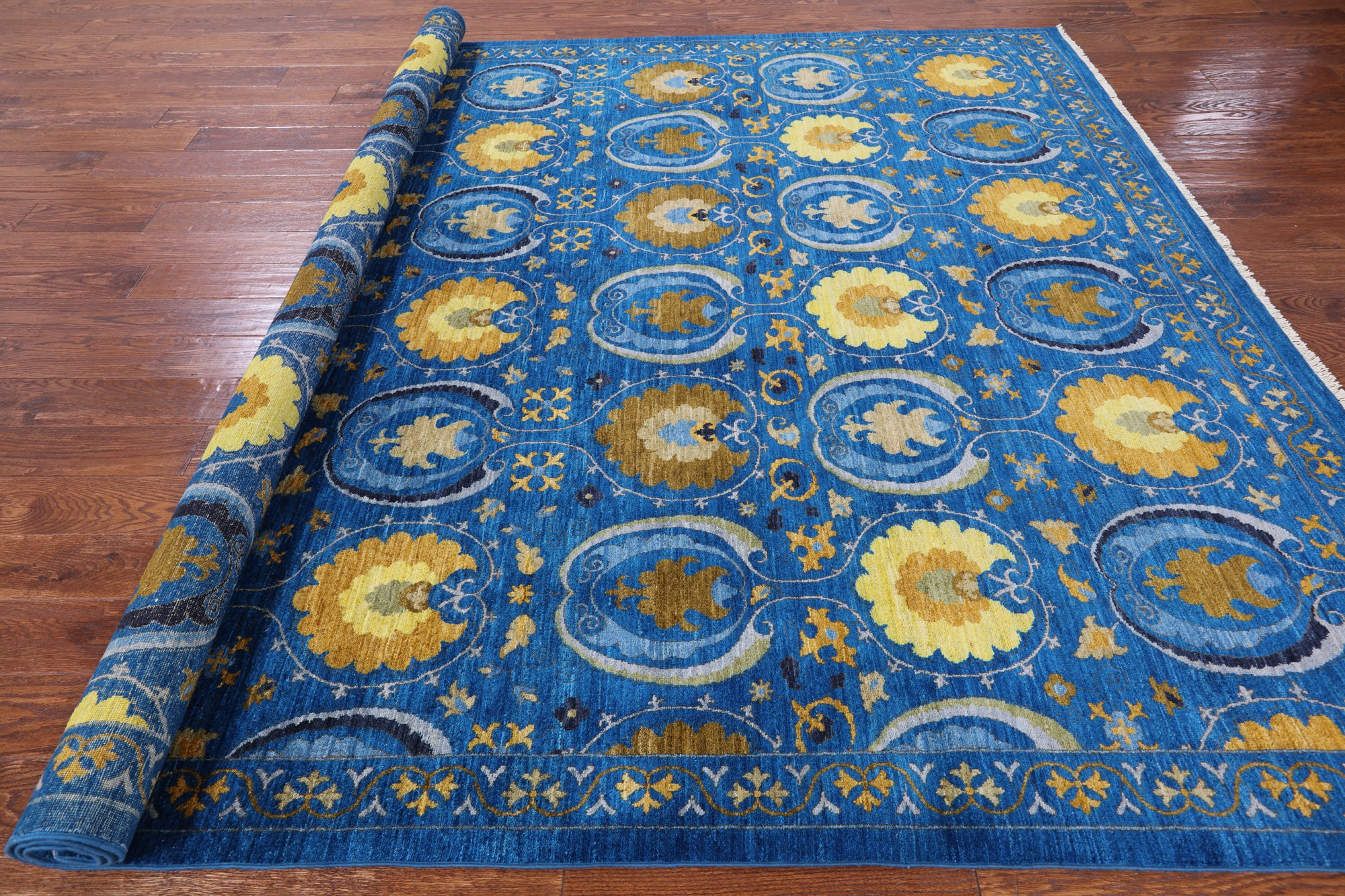 Blue William Morris Handmade Wool Rug - 8' 3" X 9' 9" - Golden Nile