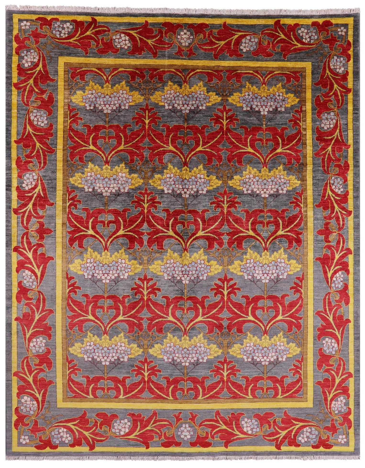 Grey William Morris Handmade Wool Rug - 7' 10" X 9' 10" - Golden Nile
