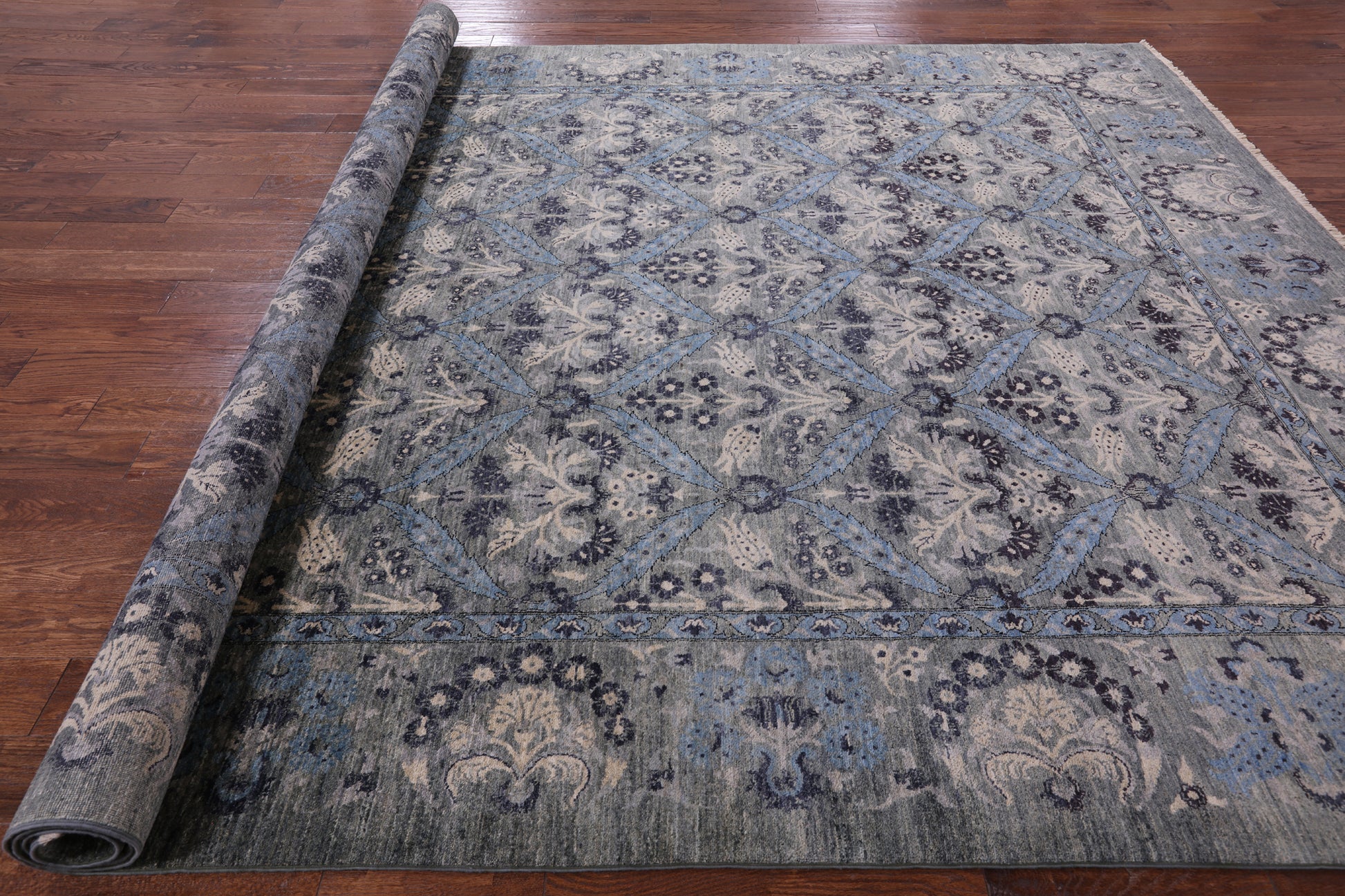 Grey William Morris Handmade Wool Rug - 9' 2" X 12' 2" - Golden Nile