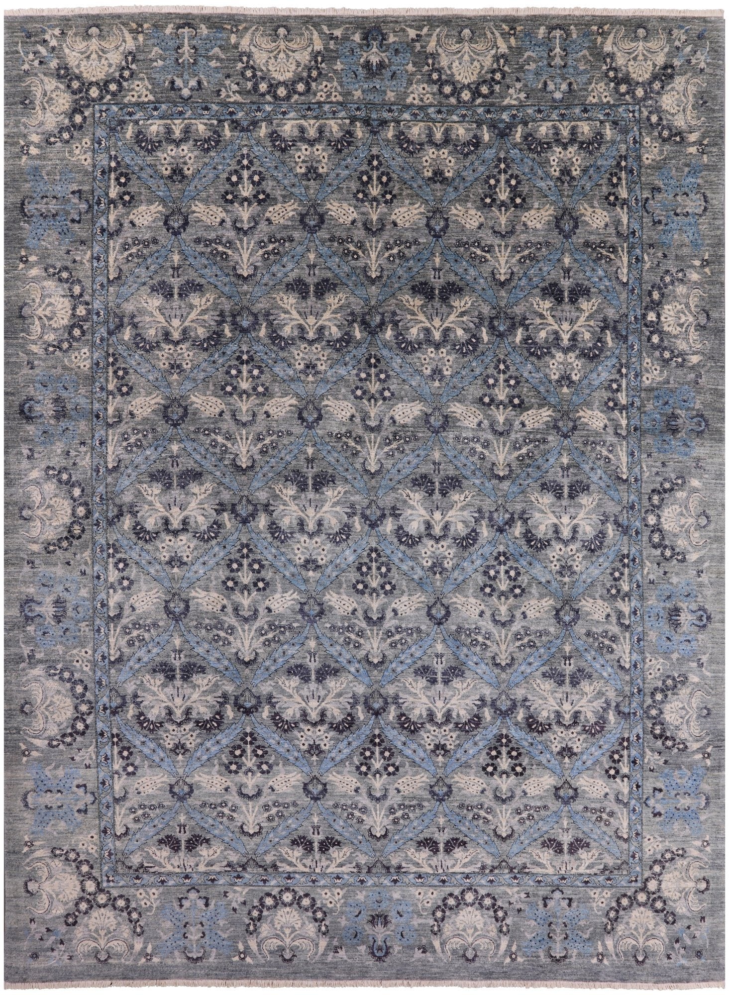 Grey William Morris Handmade Wool Rug - 9' 2" X 12' 2" - Golden Nile