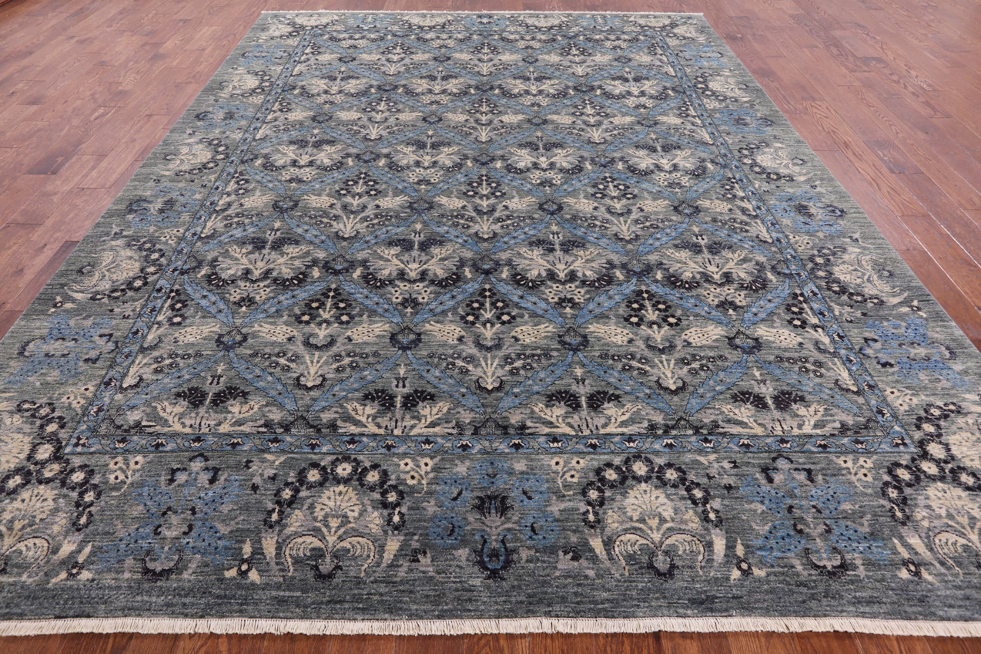 Grey William Morris Handmade Wool Rug - 9' 2" X 12' 2" - Golden Nile