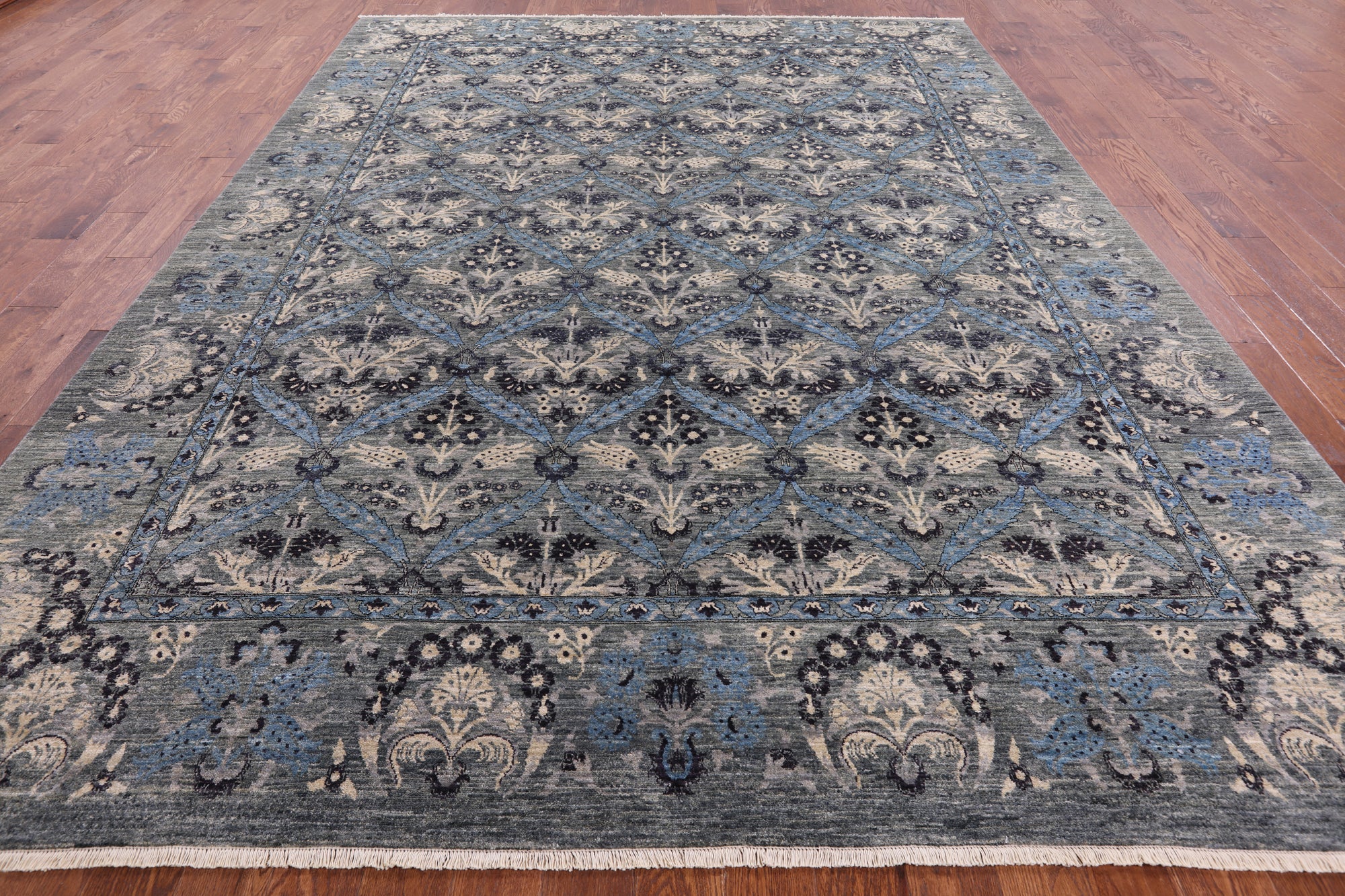 Grey William Morris Handmade Wool Rug - 9' 2" X 12' 2" - Golden Nile