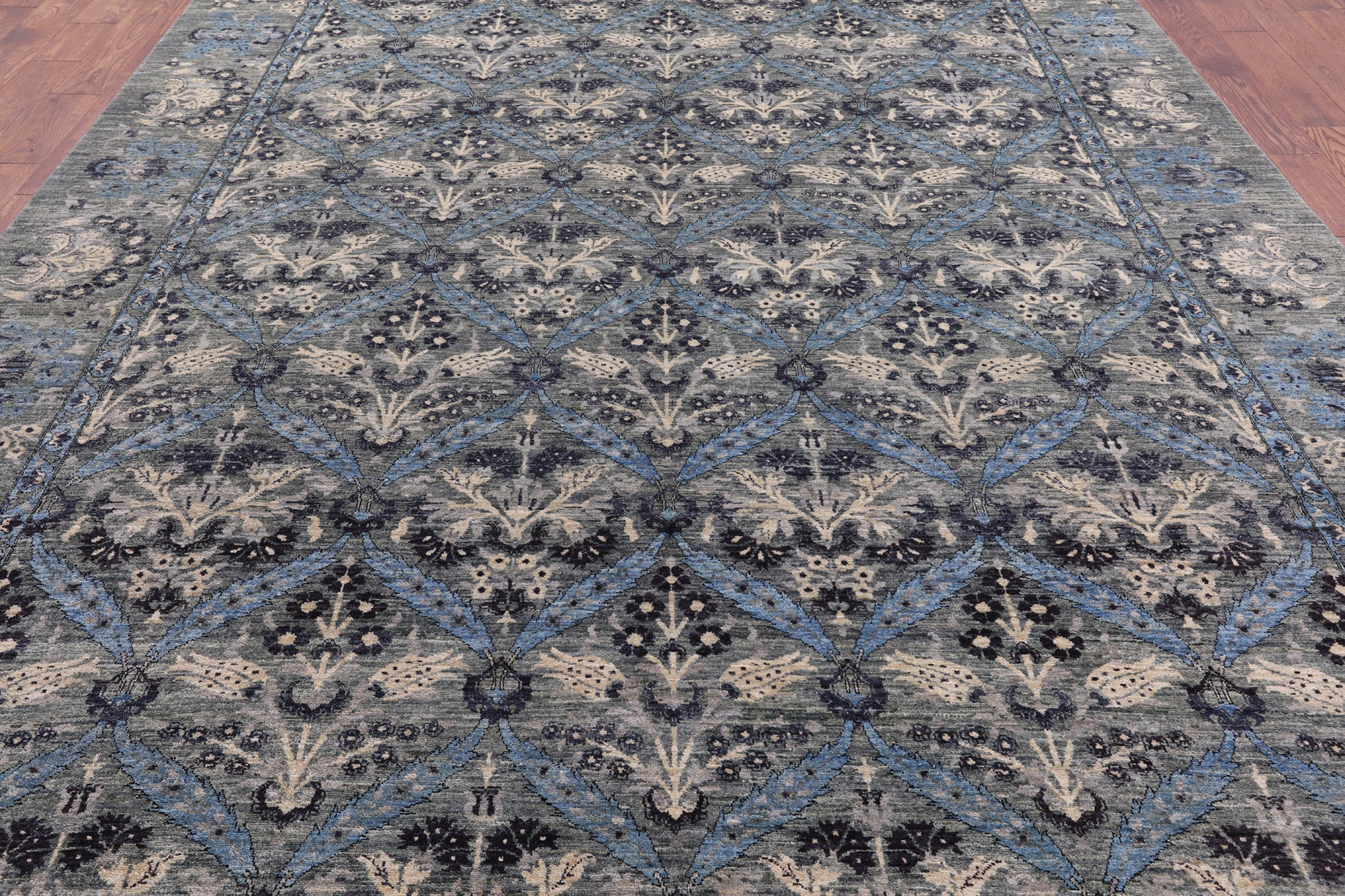 Grey William Morris Handmade Wool Rug - 9' 2" X 12' 2" - Golden Nile