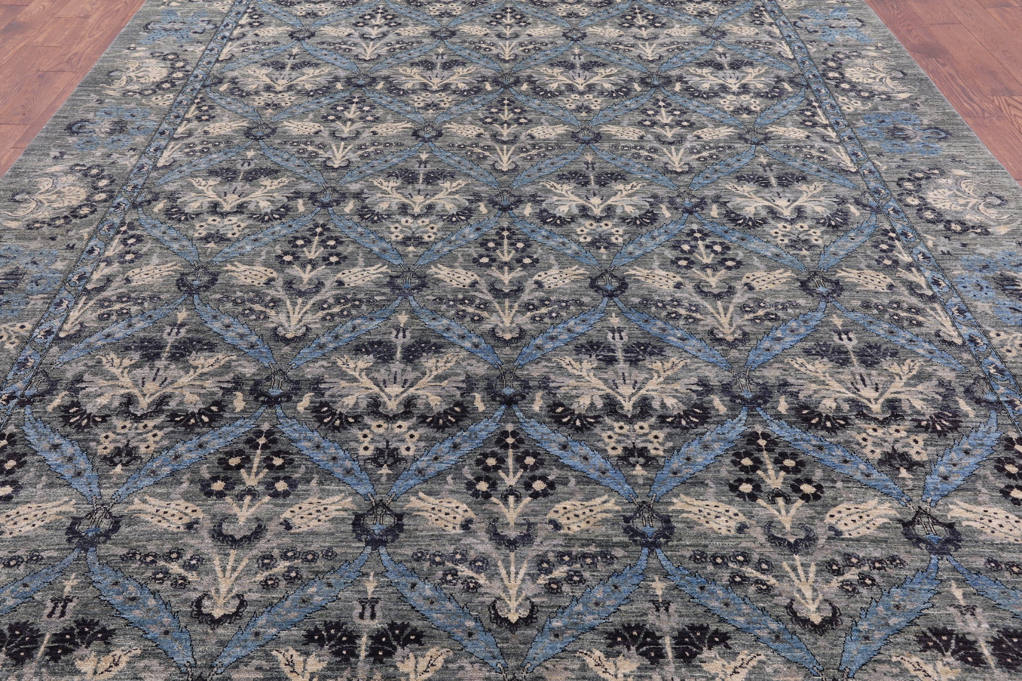 Grey William Morris Handmade Wool Rug - 9' 2" X 12' 2" - Golden Nile