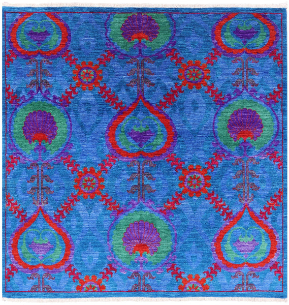 Blue Square William Morris Hand Knotted Wool Rug - 6' 1" X 6' 2" - Golden Nile