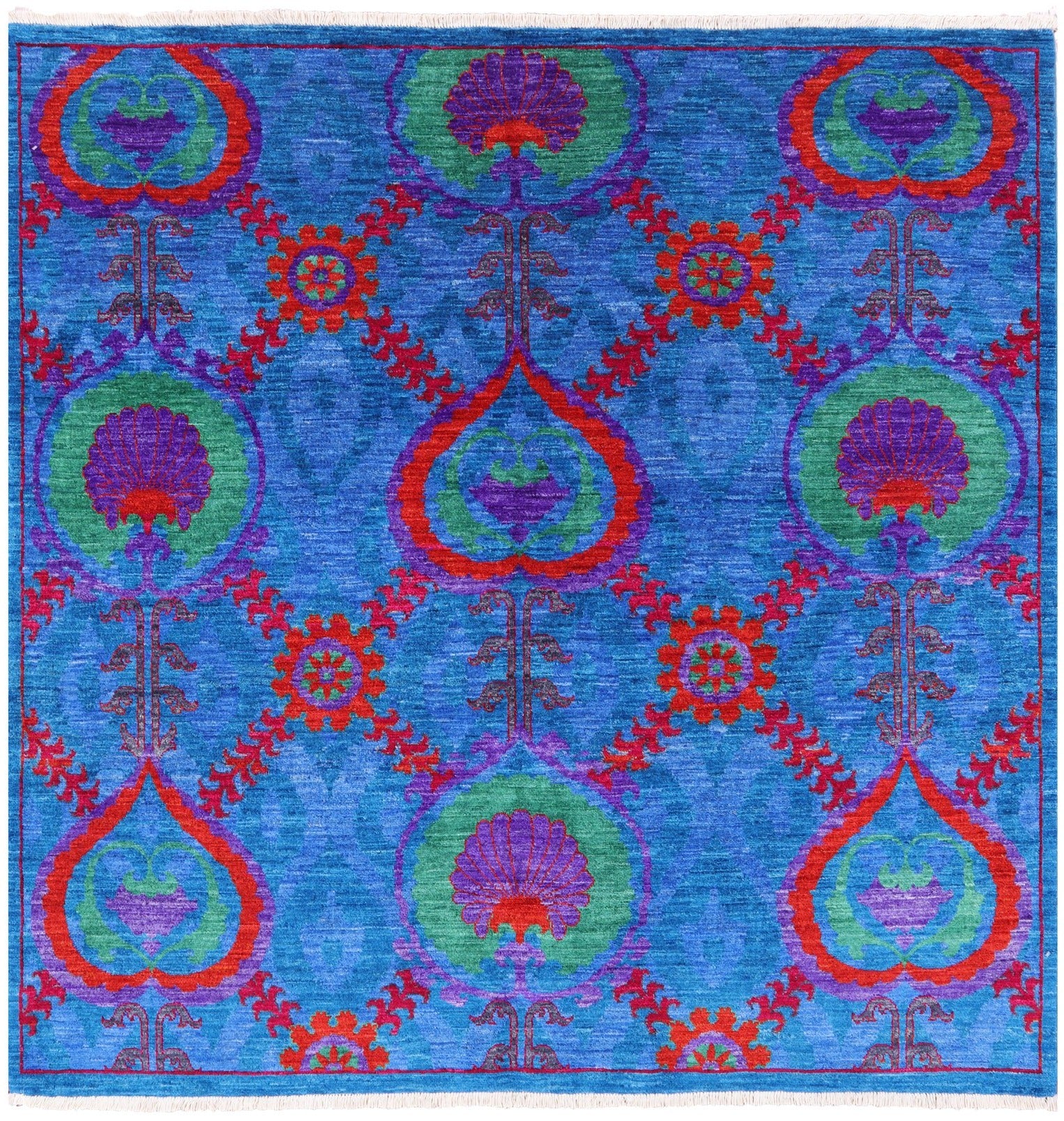 Blue Square William Morris Hand Knotted Wool Rug - 6' 1" X 6' 2" - Golden Nile