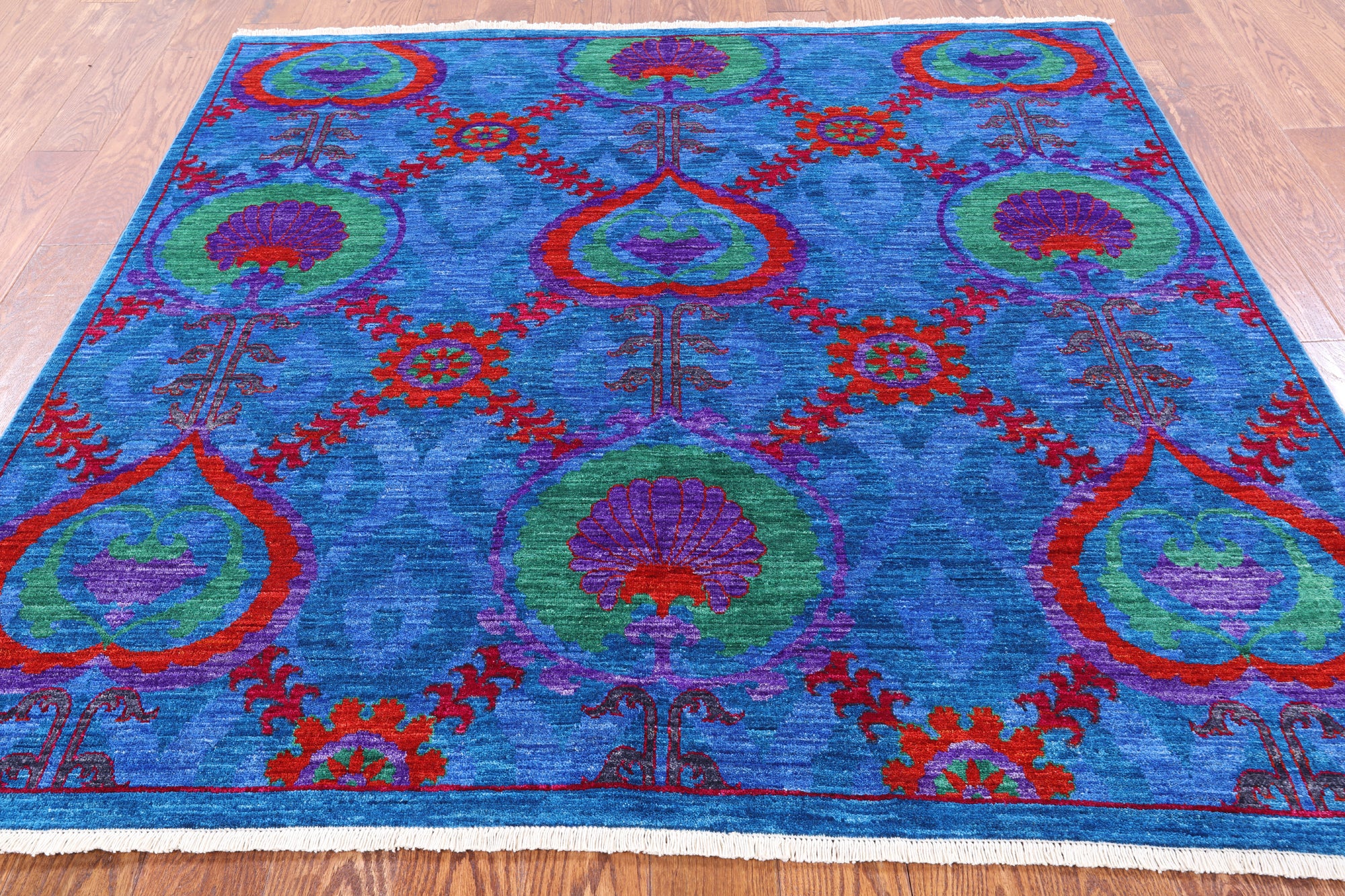 Blue Square William Morris Hand Knotted Wool Rug - 6' 1" X 6' 2" - Golden Nile
