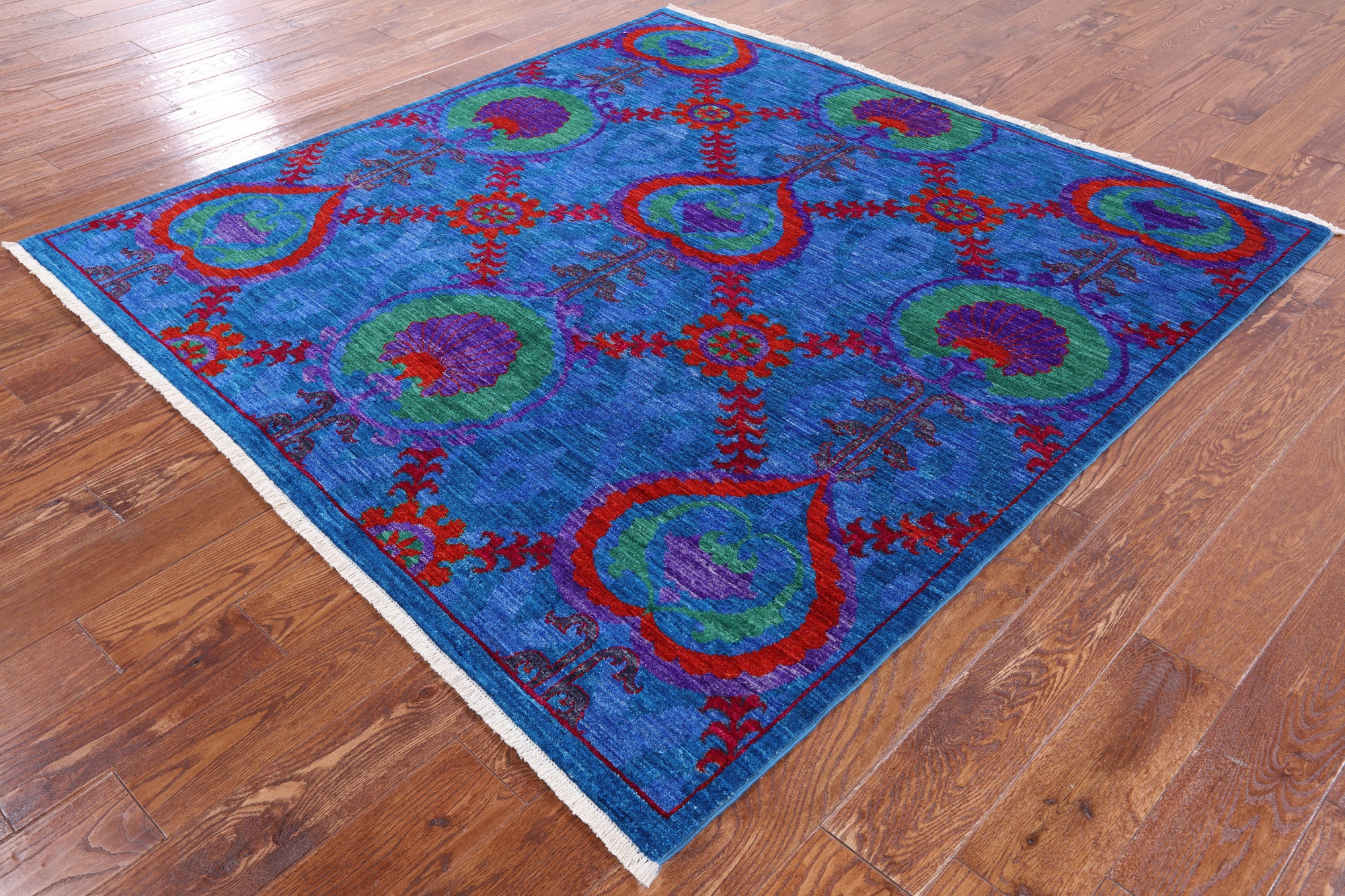 Blue Square William Morris Hand Knotted Wool Rug - 6' 1" X 6' 2" - Golden Nile
