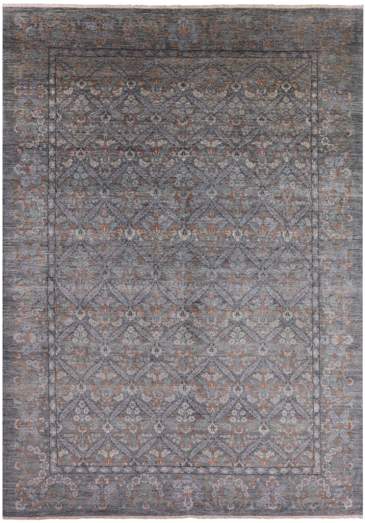 Grey William Morris Hand Knotted Wool Rug - 10' 2" X 14' 3" - Golden Nile