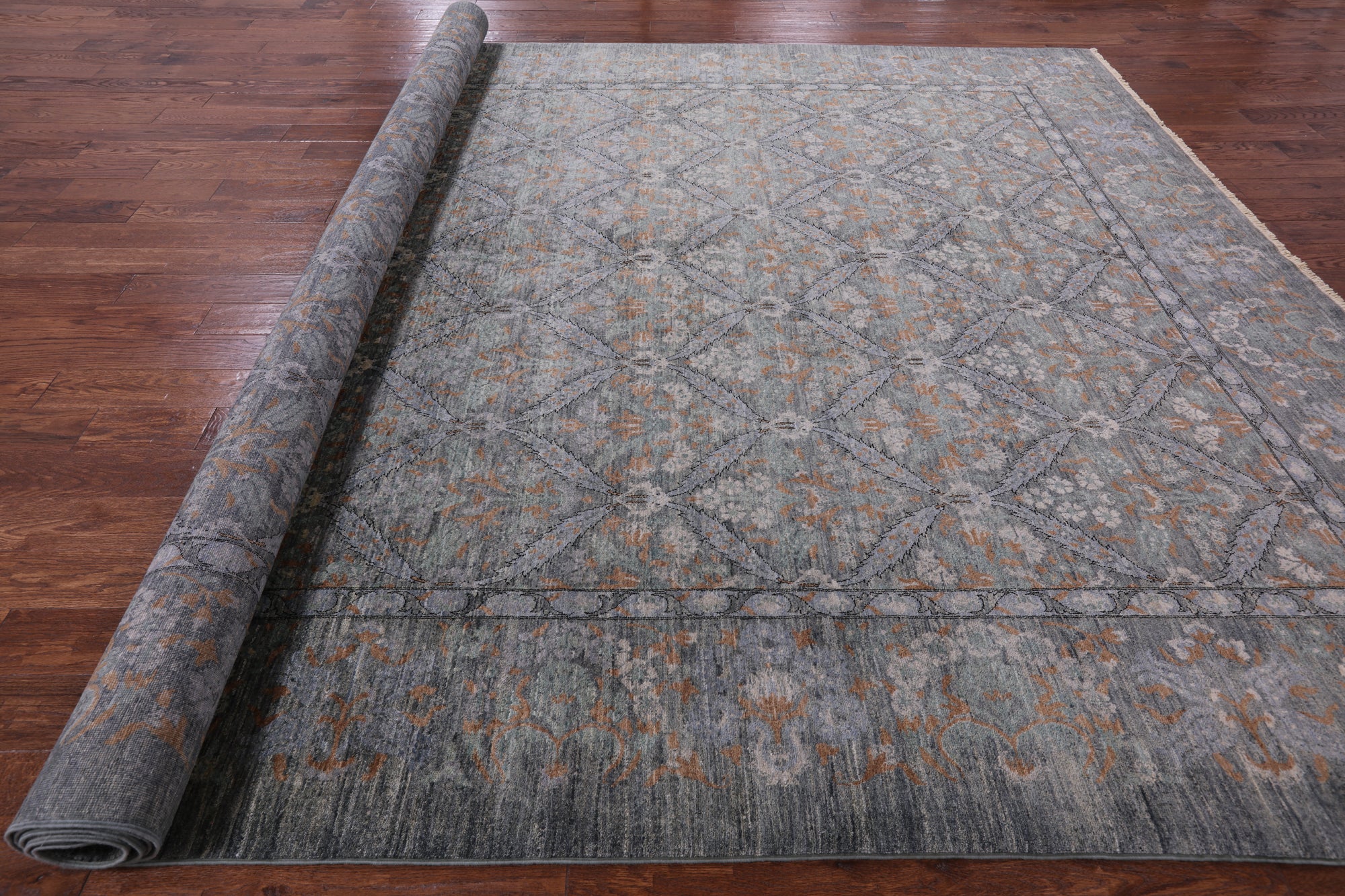 Grey William Morris Hand Knotted Wool Rug - 10' 2" X 14' 3" - Golden Nile