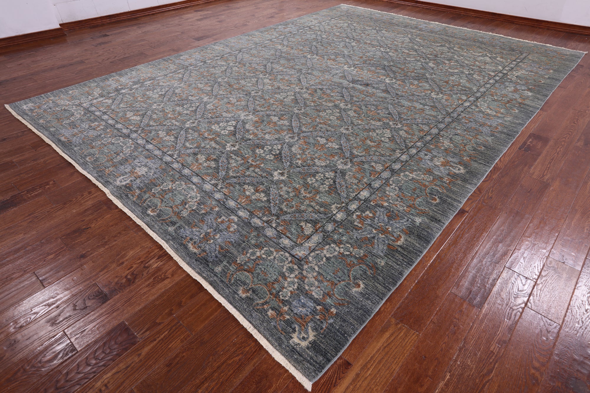 Grey William Morris Hand Knotted Wool Rug - 10' 2" X 14' 3" - Golden Nile
