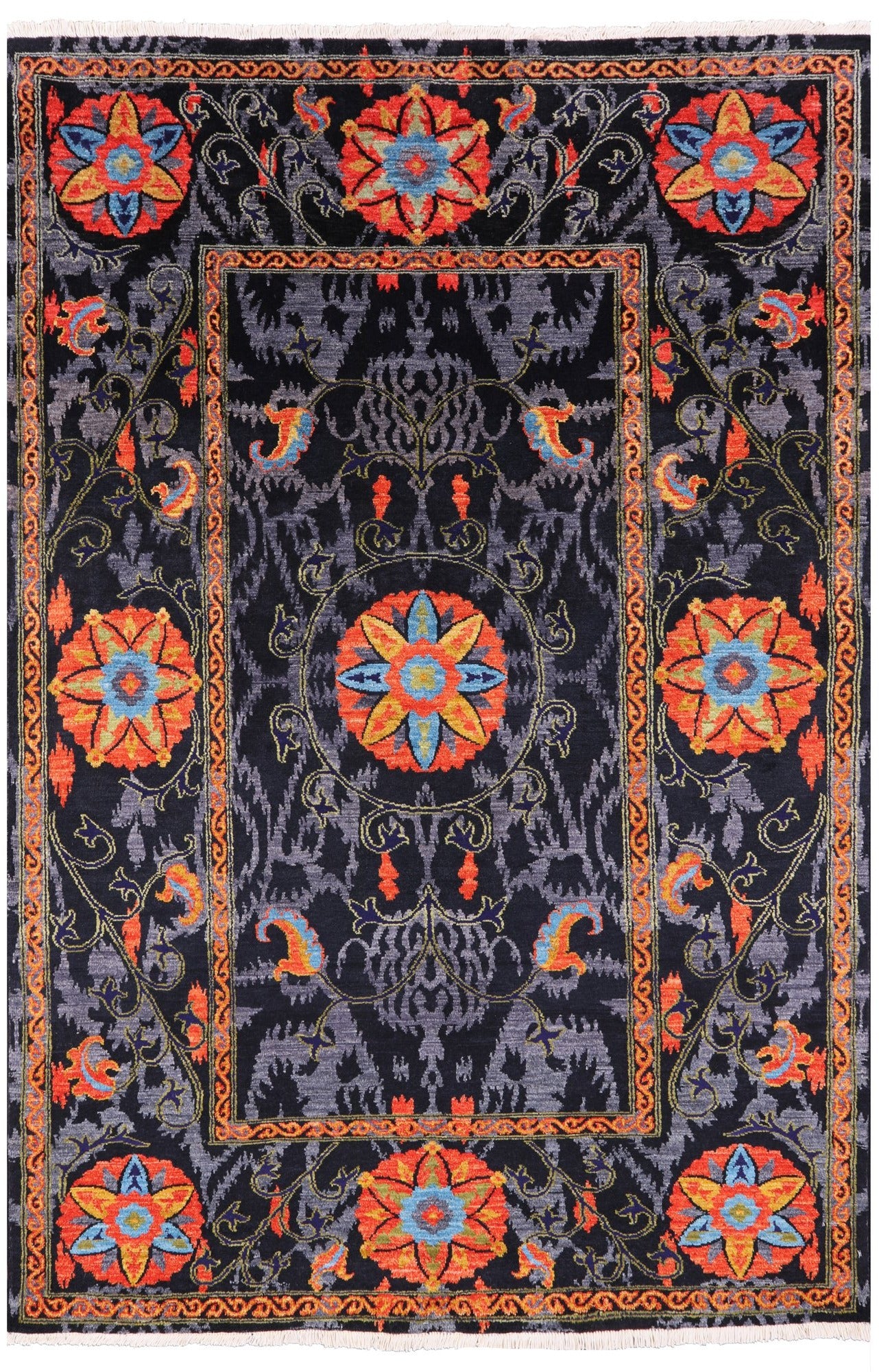 Black William Morris Handmade Wool Rug - 5' 2" X 7' 10" - Golden Nile