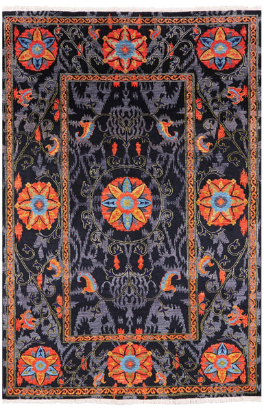 Black William Morris Handmade Wool Rug - 5' 2" X 7' 10" - Golden Nile