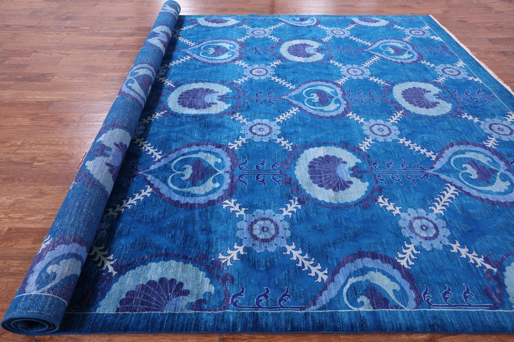 Blue William Morris Handmade Wool Rug - 10' 1" X 14' 1" - Golden Nile