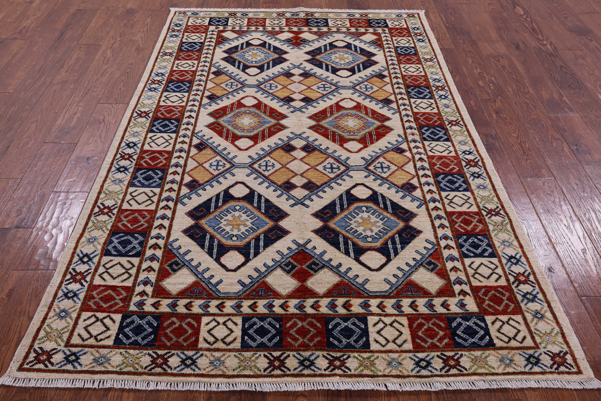 Ivory Super Kazak Hand Knotted Wool Rug - 4' 10" X 7' 6" - Golden Nile