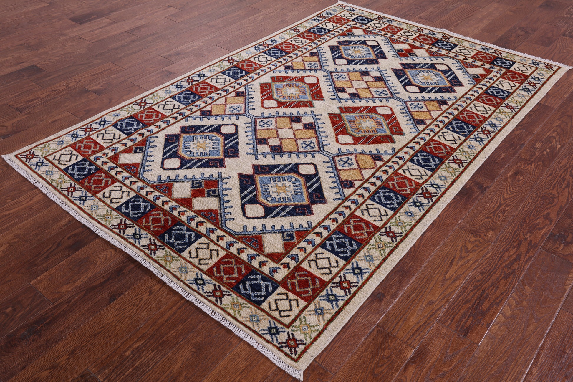 Ivory Super Kazak Hand Knotted Wool Rug - 4' 10" X 7' 6" - Golden Nile